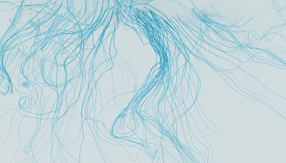 Blue wavy lines on a light blue background forming an abstract flowing pattern.