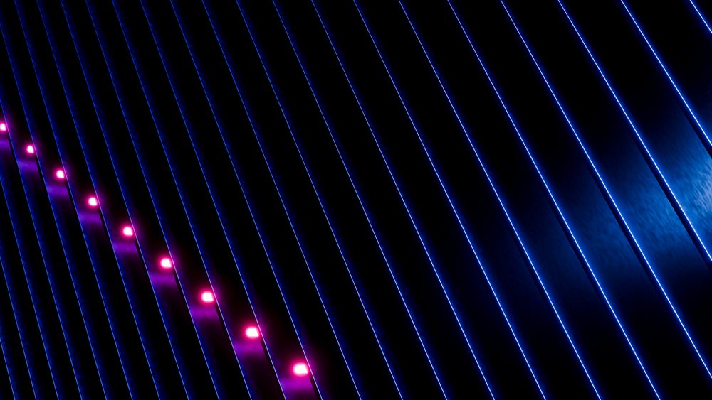 Abstract geometric pattern of parallel blue neon lines with a row of glowing pink neon dots on a dark background.