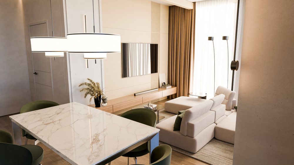 Modern living room and dining area feature a marble dining table, green chairs, beige sofa, wall-mounted TV, and decorative vase under natural light.