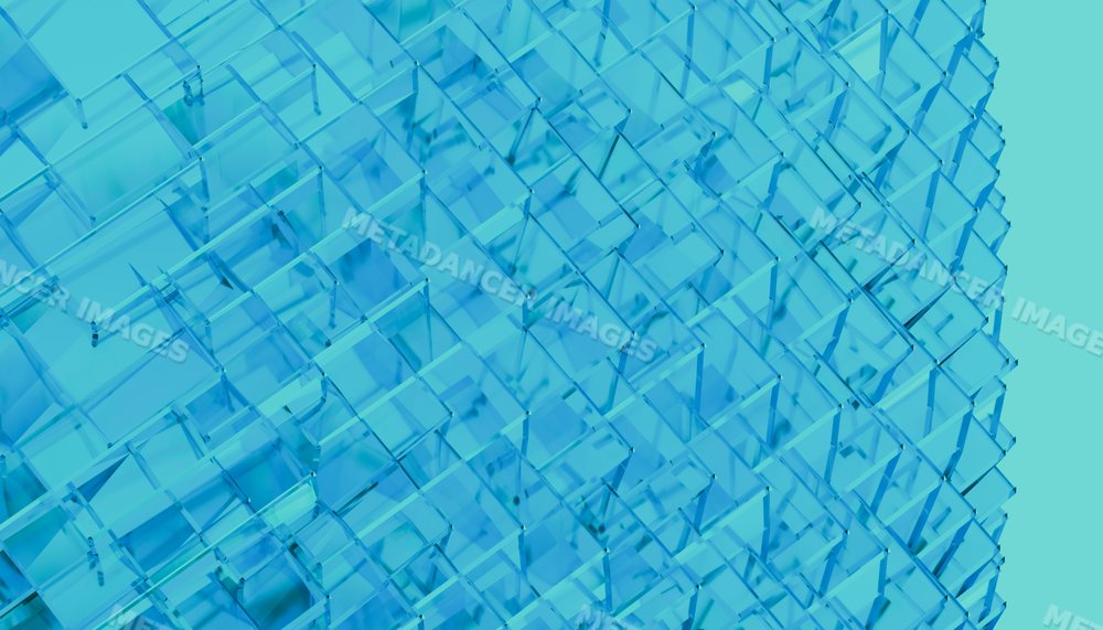 Abstract geometric pattern of blue transparent glass cubes