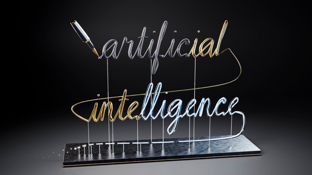 Three-dimensional metal wire sculpture spelling 'artificial intelligence' with a calligraphy pen on a metal base against a dark background.
