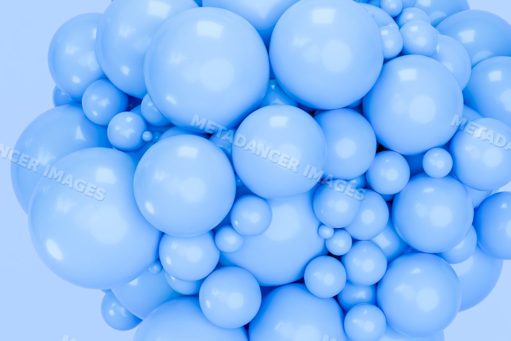 Digital rendering of clustered shiny blue spheres forming an abstract