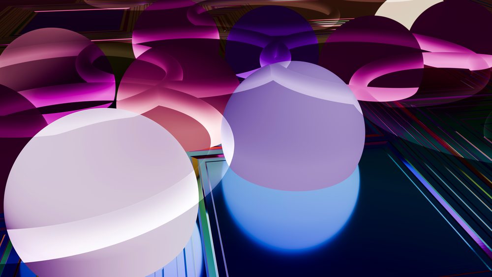 Abstract digital illustration of glossy purple spherical shapes overlapping in a vibrant modern composition.
