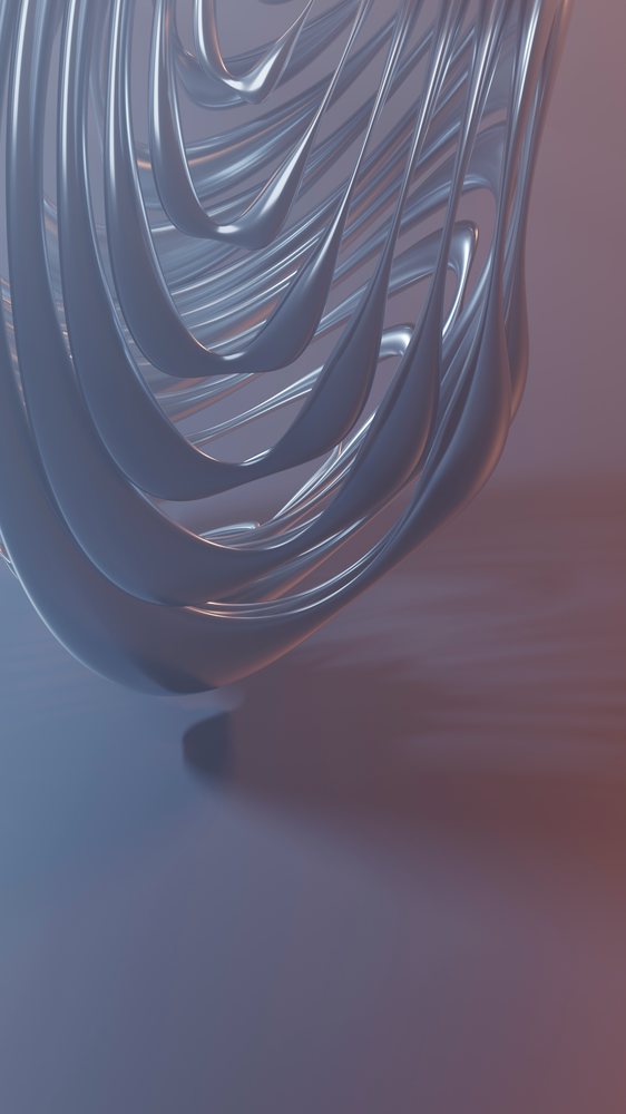 Abstract silver metallic flowing shapes form a smooth sculpture in a 3D digital render.