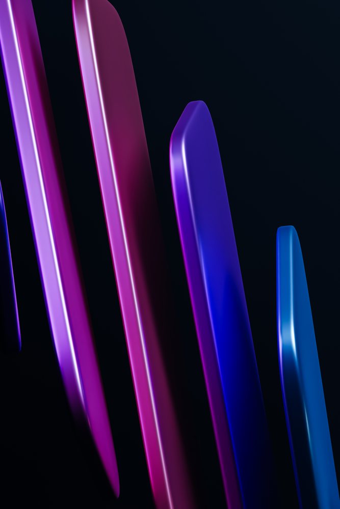 Colorful purple and blue vertical elongated shapes with smooth glossy surfaces on a dark background in a digital abstract art composition.