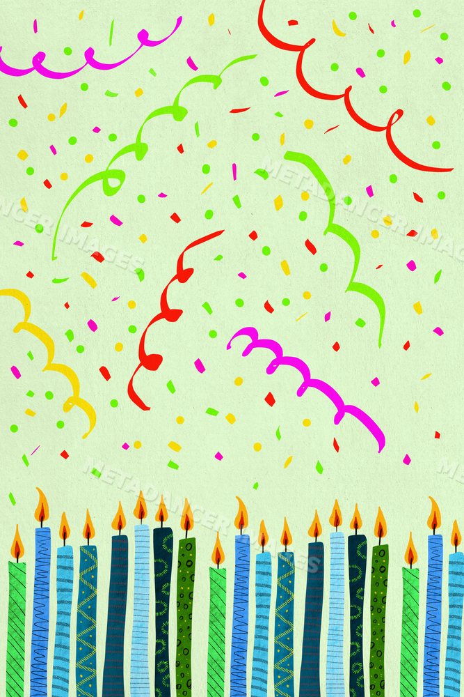 An illustration of colorful lit candles with festive confetti
