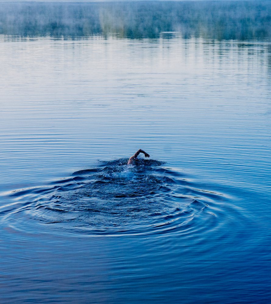 Swimmer performing freestyle stroke in calm lake water with light mist, USA.
