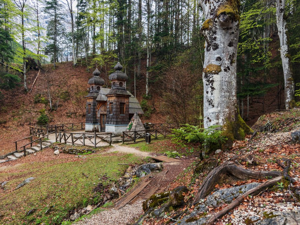 Wooden russian orthodox chapel in forest clearing on vršič pass, Landscape, Kranjska Gora, Slovenia.