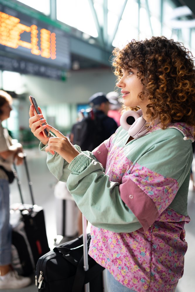 Woman with curly hair and headphones around her neck checks her mobile phone while standing with luggage in an airport terminal, Spain.