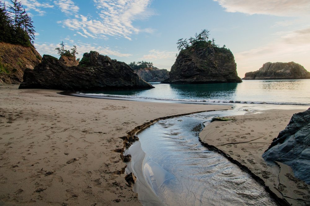 Beach with rock formations, water stream flowing through sand, and trees on cliffs under a partly cloudy sky at sunset, Boardman State Park, Oregon, USA.