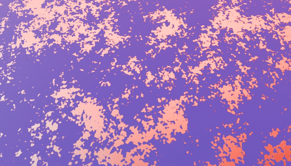 Abstract distressed painted metal surface with peeling orange paint over purple background, showing rust and wear texture.