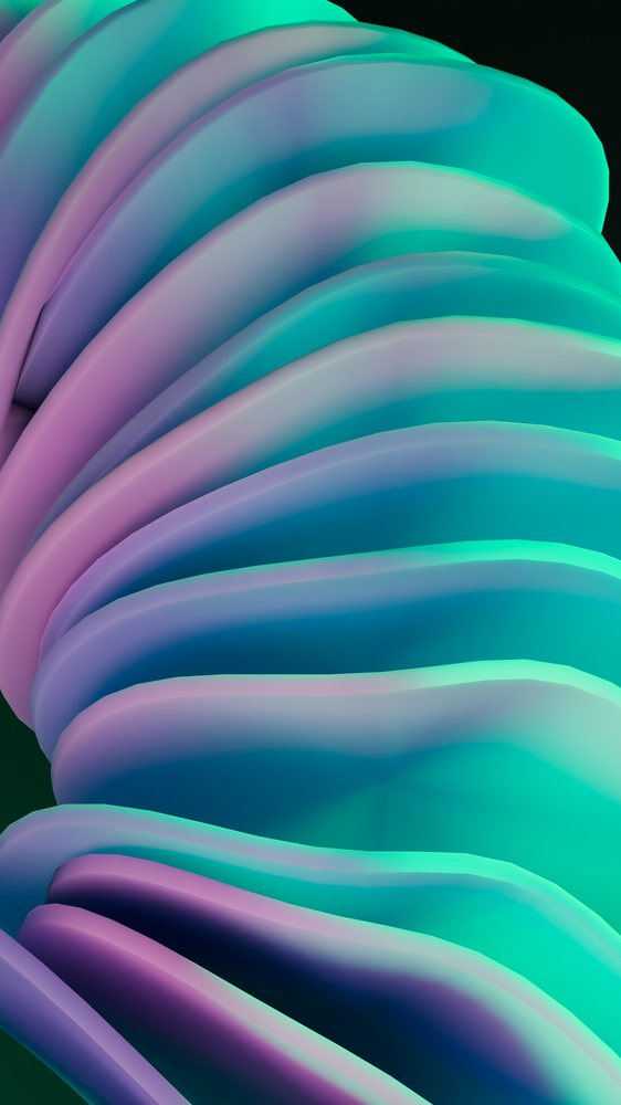 abstract render featuring colorful layered curved shapes in blue, green, and purple gradients.