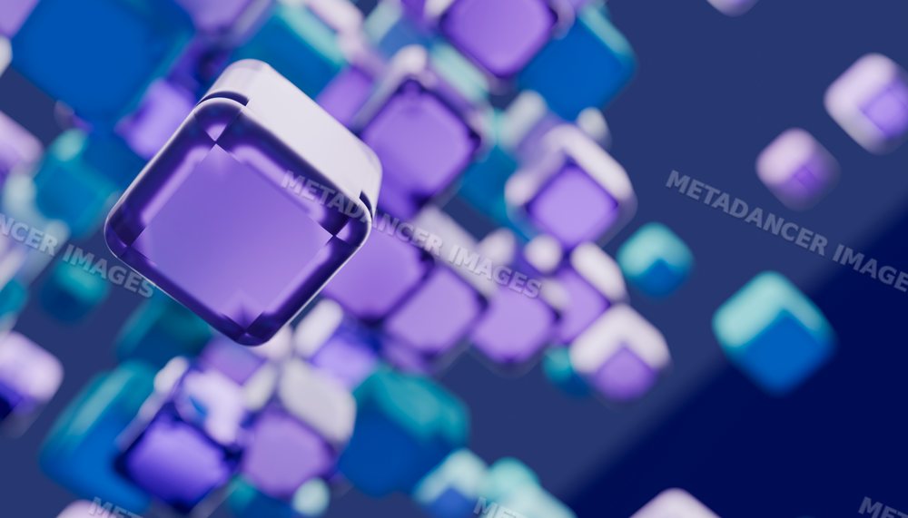 Digital illustration of floating transparent purple and blue 3d cubes