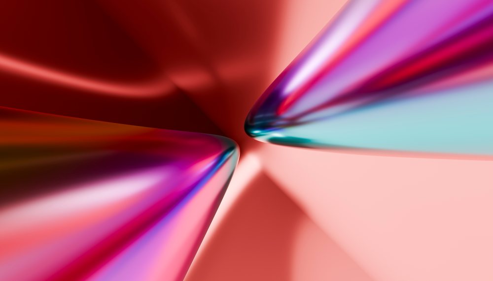 Abstract colorful metallic 3D shapes with glossy reflections on a pink background.