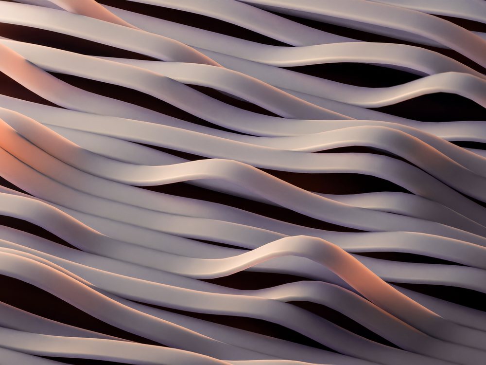 Abstract smooth flowing white curved forms with soft pink gradient lighting creating an elegant wave pattern.
