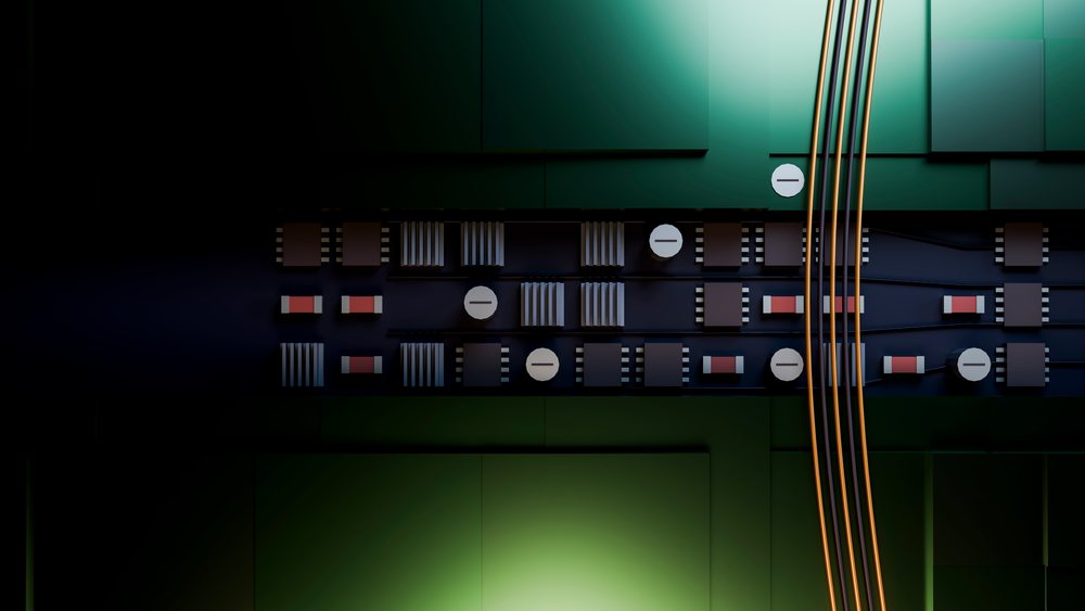 Closeup of a green printed circuit board.