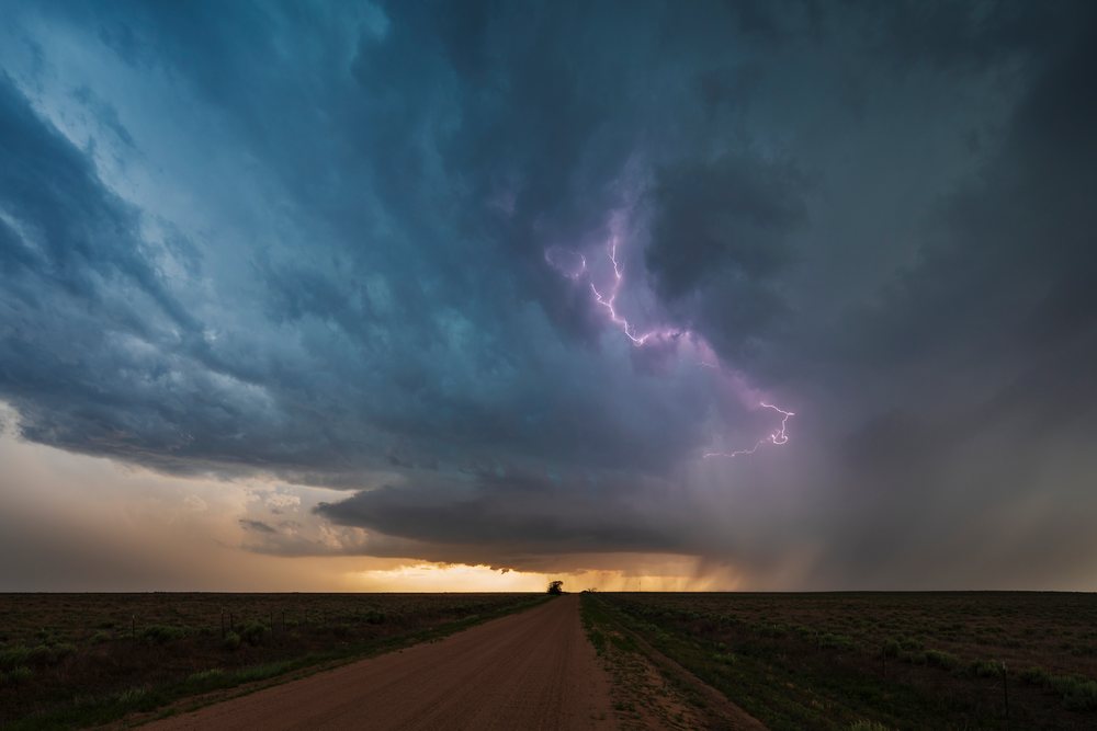 Supercell storm with Lightning at Sunset, Storm Chasing, Weather, Environmental issues, Eads, Colorado, USA.