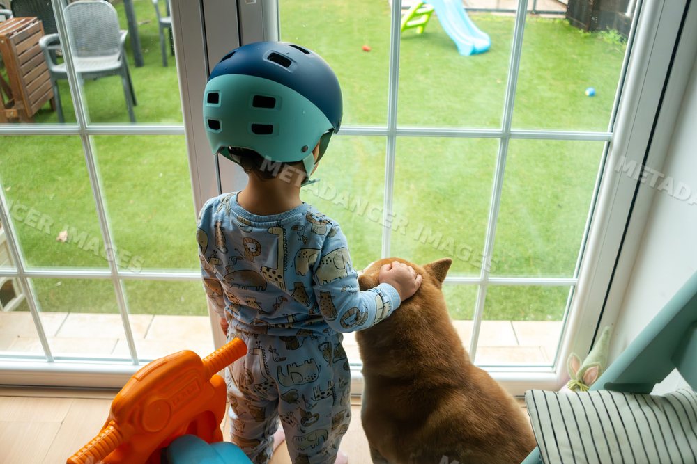 A toddler wearing a helmet stands with a dog featuring a white model