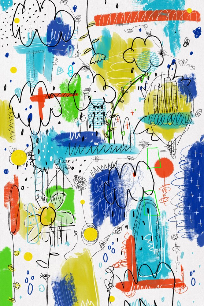 Abstract colorful illustration featuring scribbled flowers and paint strokes in blue, yellow, green, and red on white background.