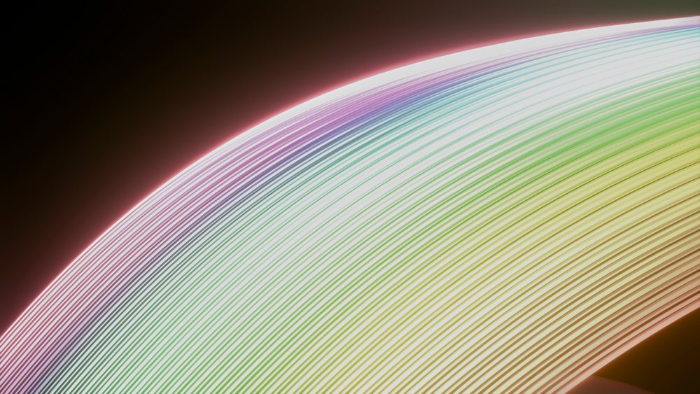 Curved neon lines in purple, blue, green, yellow, and orange glow against a dark background in a vibrant digital illustration.