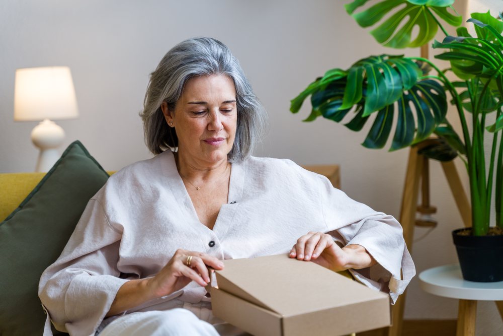 Mature woman with gray hair seated on a couch opening a cardboard box in a living room with plants and a table lamp, Spain.