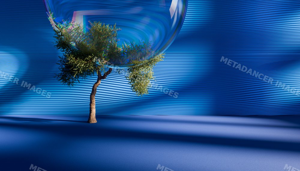 A single tree in a surreal indoor setting with a blue background