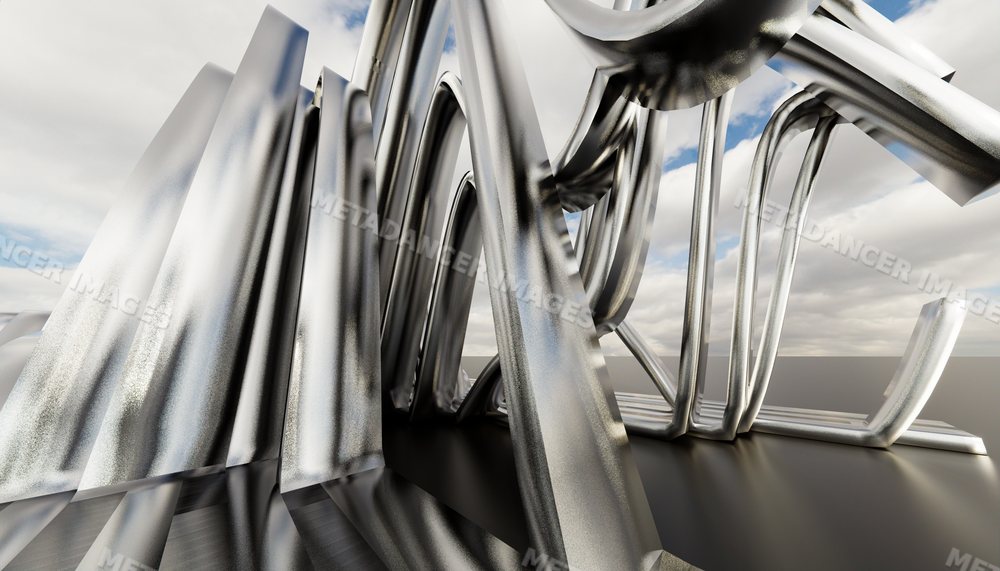Close-up of a modern abstract metal sculpture with shiny curved rods