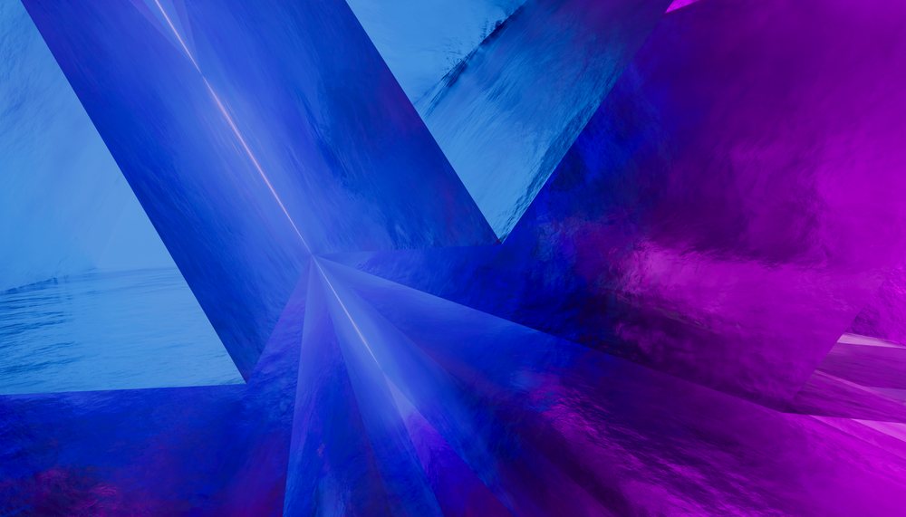 Abstract digital art featuring blue and purple reflective geometric shapes with sharp angles and vibrant lighting effects.