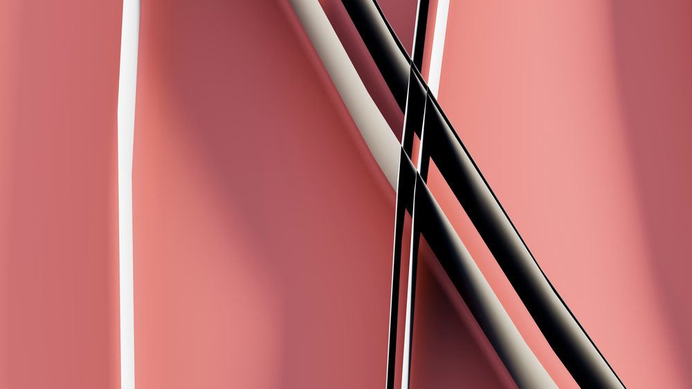 Abstract composition of intersecting curved lines and shapes in shades of pink, red, black, and white.