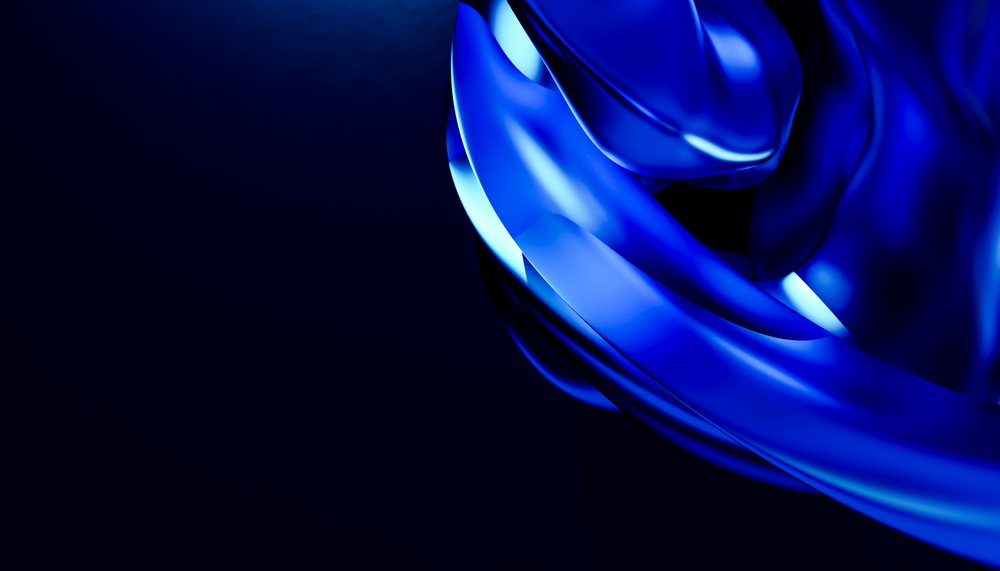 Blue abstract smooth curved shape with shiny metallic appearance on a dark background.