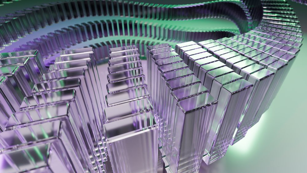 Curved rows of transparent purple glass blocks with green highlights form an abstract geometric pattern in a digital illustration.