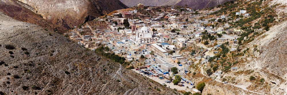 Panoramic aerial view shows a mountain town, San Luis Potosi, Mexico.