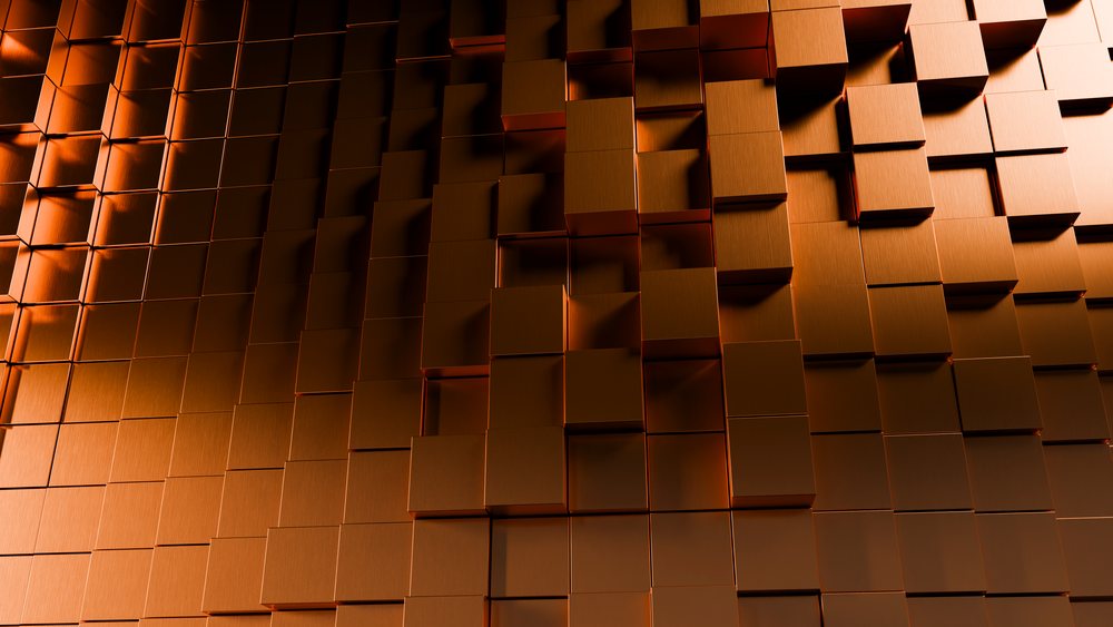 Stacked copper metallic cubes with brushed texture and dimensional shadows form an abstract geometric pattern in a digital rendering.