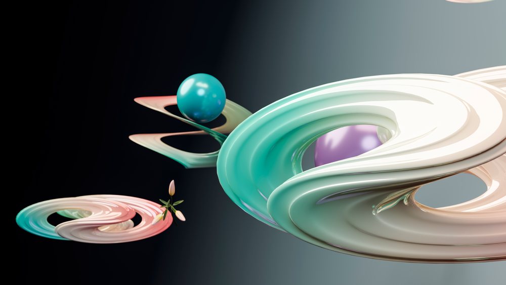 Abstract 3D digital art showing smooth twisted rings with floating aqua and purple spheres and small white flower buds on a minimalist background.
