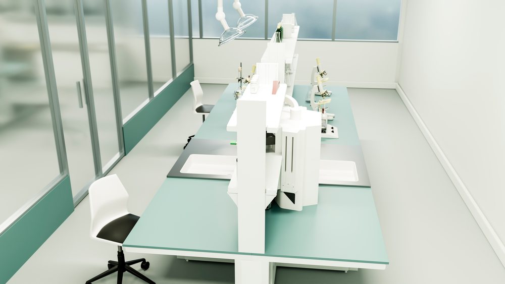 Modern laboratory workstation with microscopes and stools in a clean scientific research room.