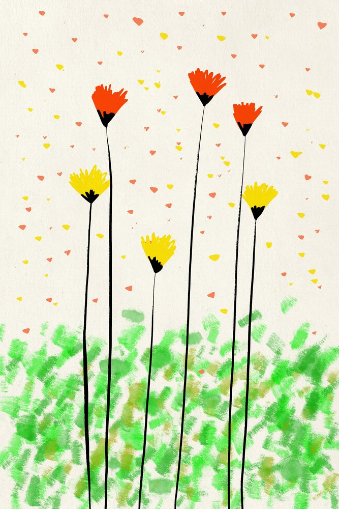 wildflowers with red and yellow petals on long black stems over green brushstroke foliage in an illustration.
