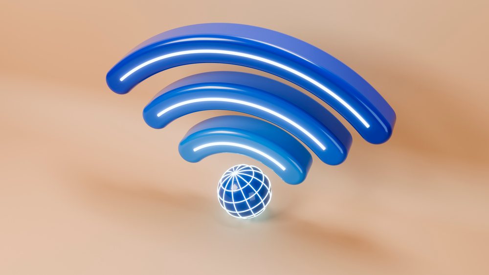 3D digital illustration of a glowing blue wireless signal icon with a lit globe on a smooth beige background.