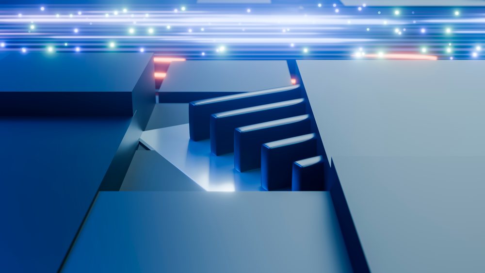 Closeup of a blue microchip on a circuit board with glowing light streaks symbolizing data transfer and technology.