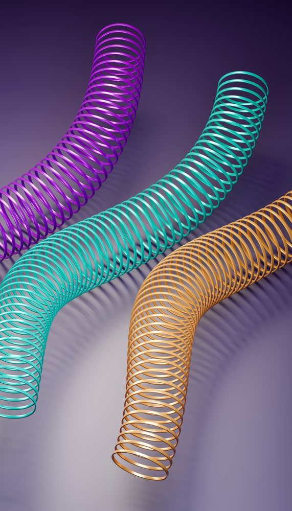 Three colorful curved metal springs in purple, turquoise, and orange are arranged on a reflective surface in a 3D illustration.