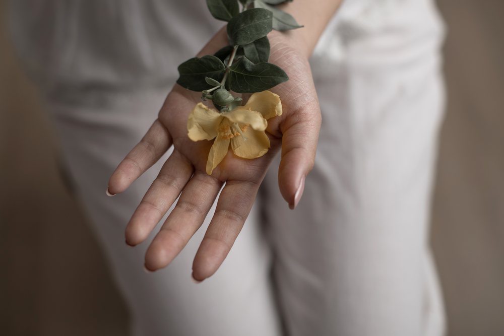 Human hand gently holds a yellow flower with green leaves resting in the palm under natural light, Art, portrait, emotional.