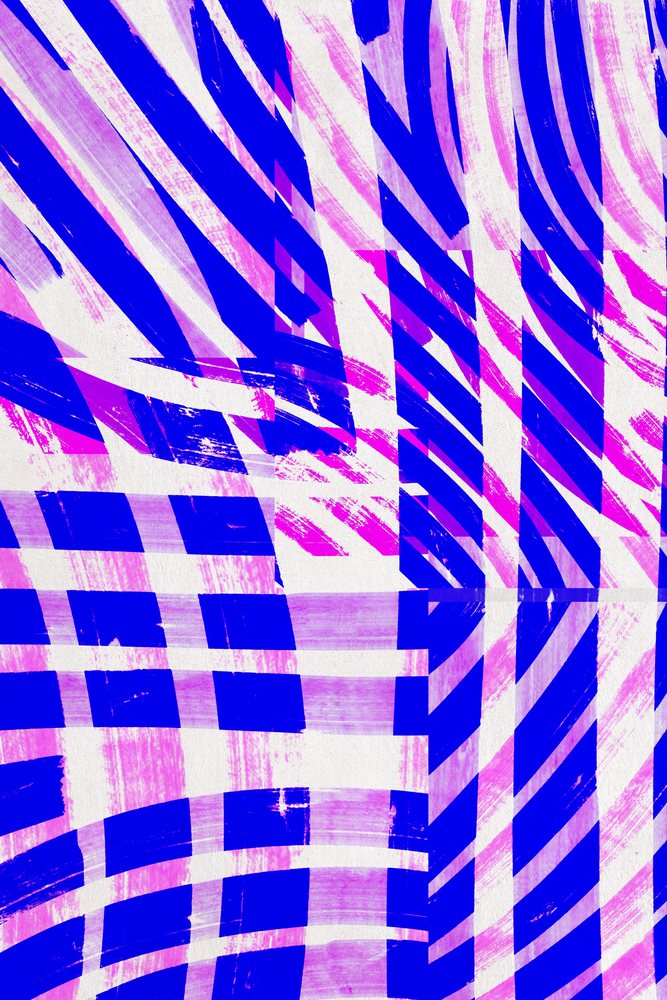 Abstract digital illustration showing dynamic blue lines and pink brush strokes in a geometric pattern.