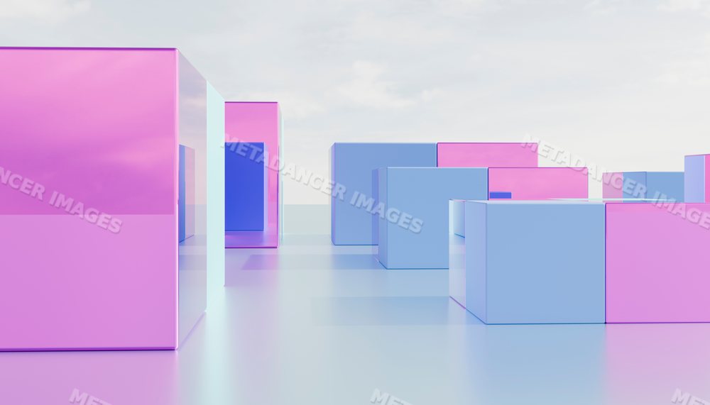 3d shiny pink and blue cubes arranged in a minimalist abstract setting