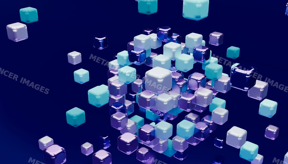 3d digital illustration of floating blue and purple cubes on dark