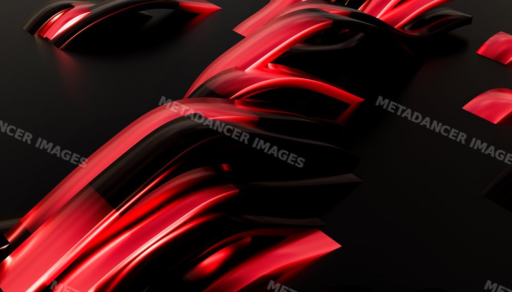 Abstract 3d rendering with flowing red and black curved shapes on dark