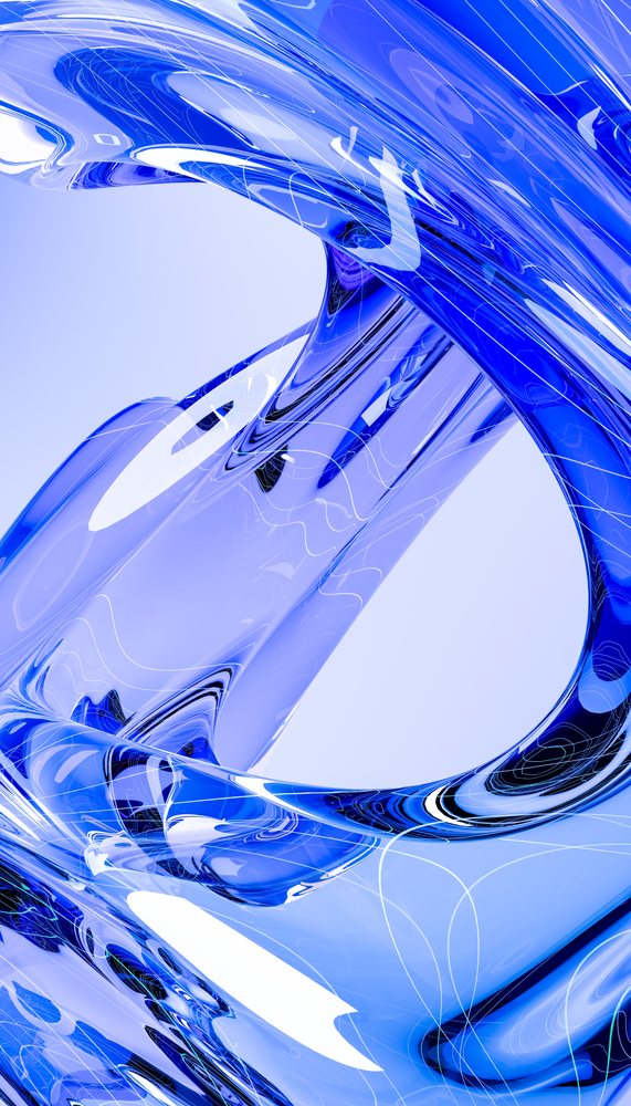 Abstract blue transparent glass-like shapes with smooth curved surfaces and reflective textures in a modern digital illustration.