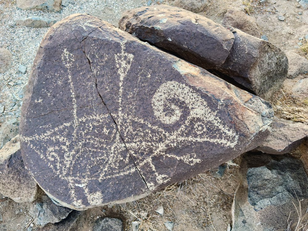 Petroglyph carved on rock showing a Big Horn Sheep hunting scene in the desert terrain of, landscape, wildlife, New Mexico, Desert Southwest.