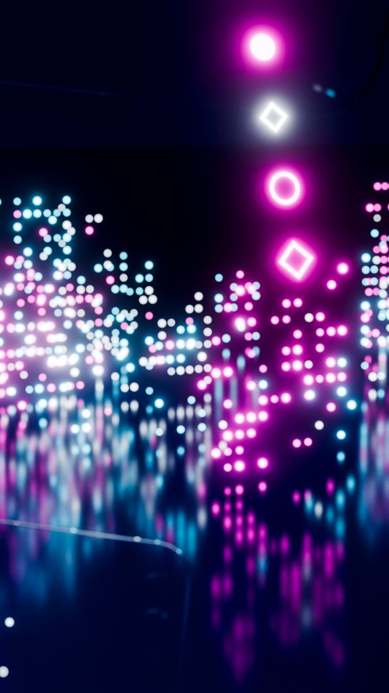 Abstract neon lights in purple, blue, and pink glow with circular and diamond shapes reflecting on a dark surface.