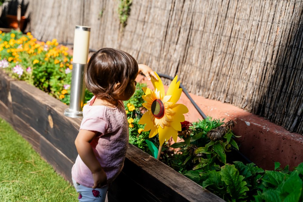 Child touching a large artificial sunflower in a garden planting bed under sunlight, kids, Spain.