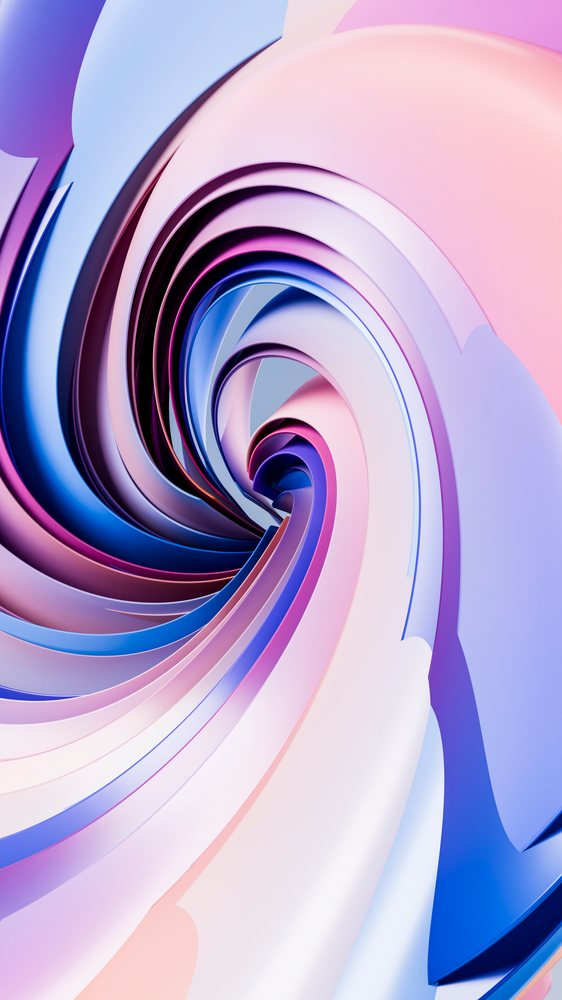 Abstract digital illustration showing a colorful spiral swirl of fluid curved layers in pink, blue, and purple hues.
