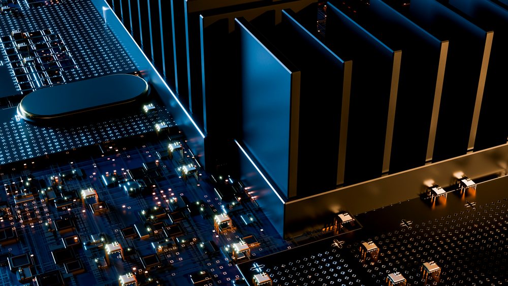 Illustration of a computer chip with a large heat sink and illuminated electronic circuitry on a circuit board.
